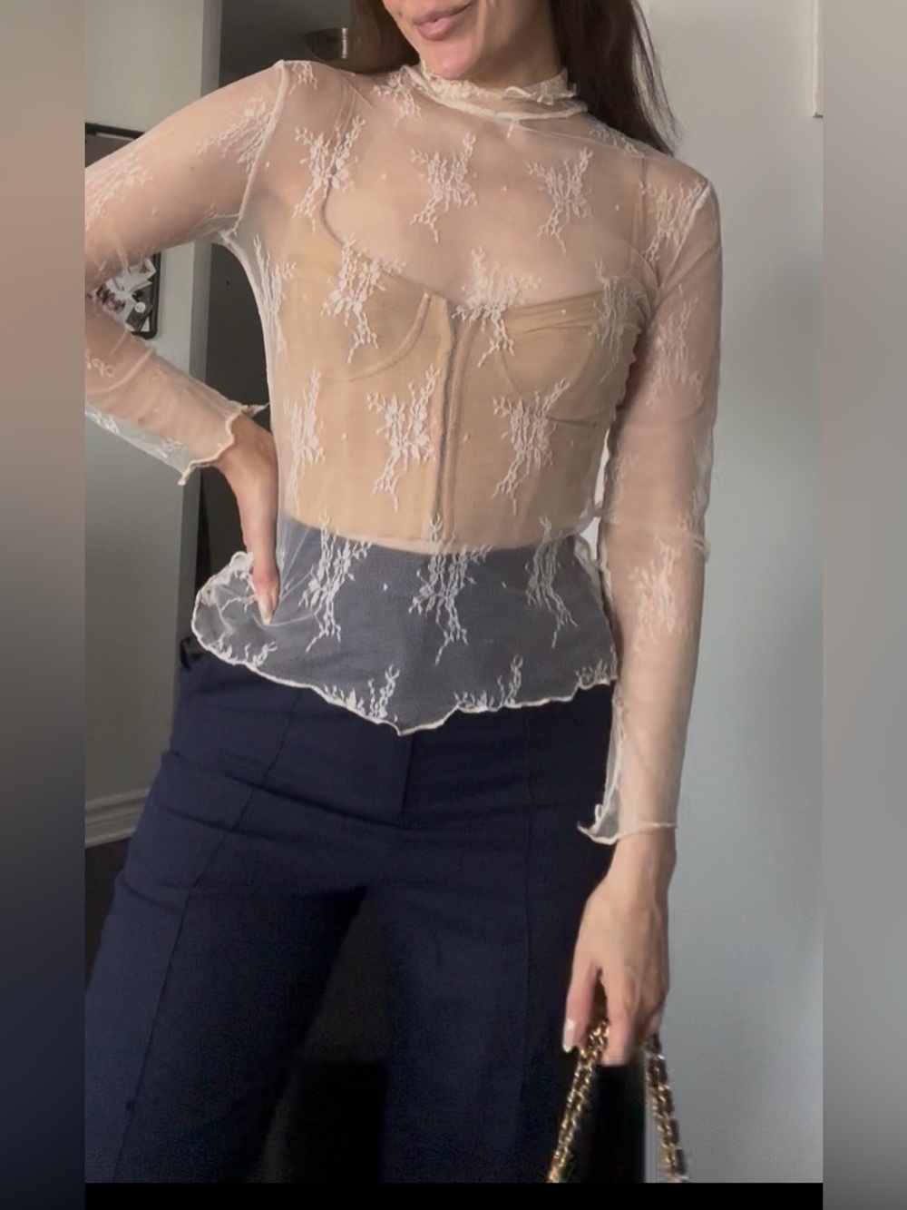 Sheer Lace Long-Sleeve Top in Nude